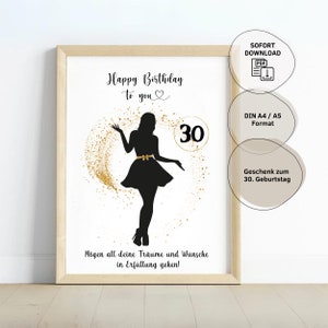 May include: A printable birthday card featuring a black silhouette of a woman in a dress and gold glitter. The card reads "Happy Birthday to you" and "30".