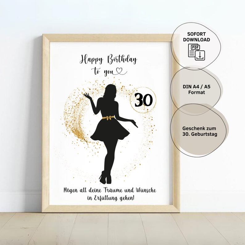 May include: A printable birthday card featuring a black silhouette of a woman in a dress and gold glitter. The card reads "Happy Birthday to you" and "30".