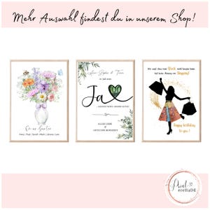 May include: Three printable cards with watercolour designs. The first card features a bouquet of flowers in a vase with the text "Omas Garten" and names. The second card has a green and white floral design with the text "Ja" and "Alles Liebe & Gute zur Hochzeit". The third card has a silhouette of a woman holding shopping bags with the text "Wer sagt, dass man Gl&uuml;ck nicht kaufen kann, hat keine Ahnung von Shopping!" and "Happy birthday to you!"