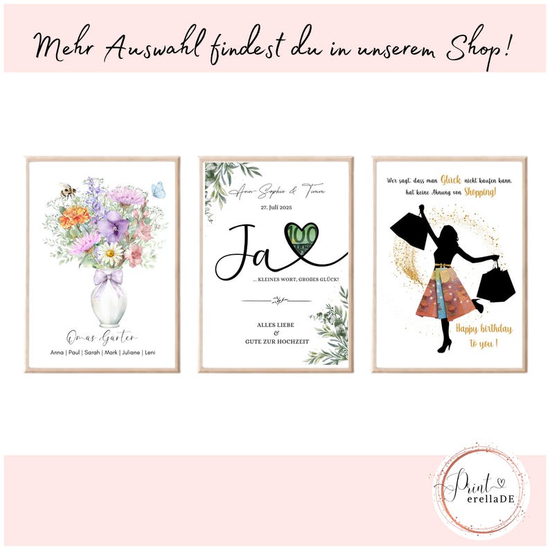 May include: Three printable cards with watercolour designs. The first card features a bouquet of flowers in a vase with the text "Omas Garten" and names. The second card has a green and white floral design with the text "Ja" and "Alles Liebe & Gute zur Hochzeit". The third card has a silhouette of a woman holding shopping bags with the text "Wer sagt, dass man Gl&uuml;ck nicht kaufen kann, hat keine Ahnung von Shopping!" and "Happy birthday to you!"