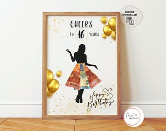16th birthday birthday gift money gift girl voucher girlfriend daughter money wrapping gift gift idea PDF instant download