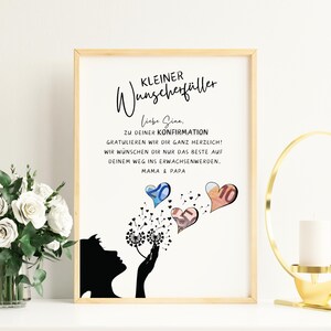 May include: A white framed print with a black silhouette of a person blowing on a dandelion with three hearts. The hearts are filled with euro bills. The text reads "KLEINER Wunscherf&uuml;ller Liebe Sina, ZU DEINER KONFIRMATION GRATULIEREN WIR DIR GANZ HERZLICH! WIR W&Uuml;NSCHEN DIR NUR DAS BESTE AUF DEINEM WEG INS ERWACHSENWERDEN. MAMA & PAPA"