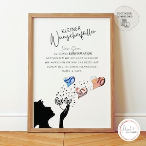May include: A printable card with a white background and black text. The text reads "Kleiner Wunschzettel" and "Liebe Gina, zu deiner Konfirmation gratulieren wir dir ganz herzlich! Wir w&uuml;nschen dir nur das Beste auf deinem Weg ins Erwachsenenwerden. Mama & Papa". The card features a silhouette of a person blowing dandelion seeds with money bills attached to the seeds.