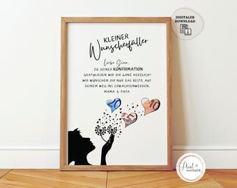 Könnte beinhalten: Eine druckbare Karte mit weißem Hintergrund und schwarzem Text. Der Text lautet "Kleiner Wunschzettel" und "Liebe Gina, zu deiner Konfirmation gratulieren wir dir ganz herzlich! Wir wünschen dir nur das Beste auf deinem Weg ins Erwachsenenwerden. Mama & Papa". Die Karte zeigt eine Silhouette einer Person, die Löwenzahnsamen bläst, an denen Geldscheine befestigt sind.