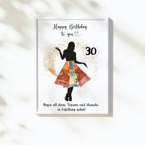 May include: A white card with a black silhouette of a woman wearing a skirt made of money. The skirt is made of euro bills. The card has the text "Happy Birthday to you" and "30" in a circle. The text "M&ouml;gen all deine Tr&auml;ume und W&uuml;nsche in Erf&uuml;llung gehen!" is at the bottom of the card.