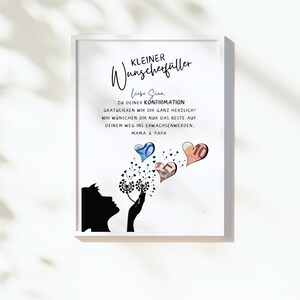 May include: A white card with a black silhouette of a person blowing on a dandelion with money in the hearts. The text reads "KLEINER WUNSCHERF&Uuml;LLER Liebe Sina, ZU DEINER KONFIRMATION GRATULIEREN WIR DIR GANZ HERZLICH! WIR W&Uuml;NSCHEN DIR NUR DAS BESTE AUF DEINEM WEG INS ERWACHSENWERDEN. MAMA & PAPA"