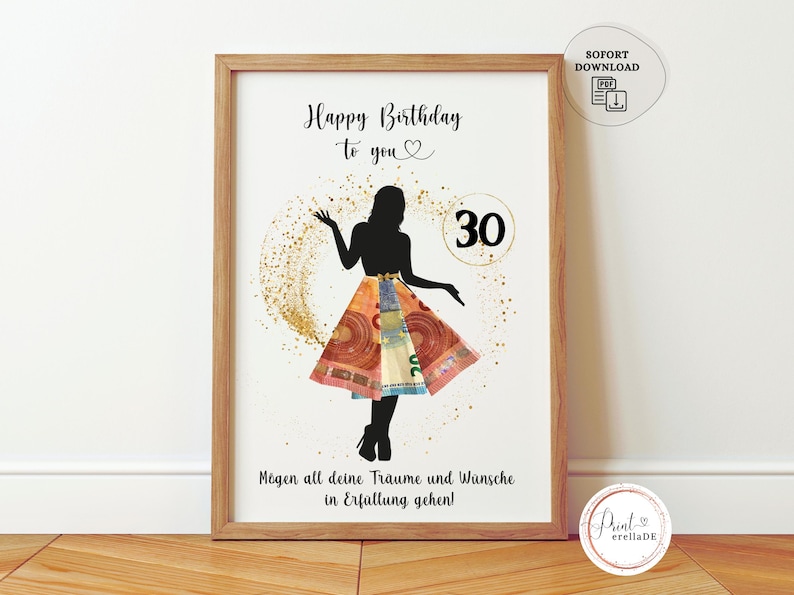 May include: A printable birthday card featuring a silhouette of a woman wearing a skirt made of money. The card has a gold glitter background and the text "Happy Birthday to you" and "30".