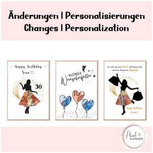 Op de afbeelding: Drie printbare kaarten met een verjaardags thema. De eerste kaart toont een silhouet van een vrouw die een jurk van geld draagt met de tekst "happy birthday Sina" en het nummer "30". De tweede kaart toont een fee met de tekst "KLEINER Wunscherfüller". De derde kaart toont een silhouet van een vrouw die boodschappentassen vasthoudt met de tekst "Wir sagt dass man Glück nicht kaufen kann, hat keine Ahnung von Shopping!" en "Happy birthday to you!"