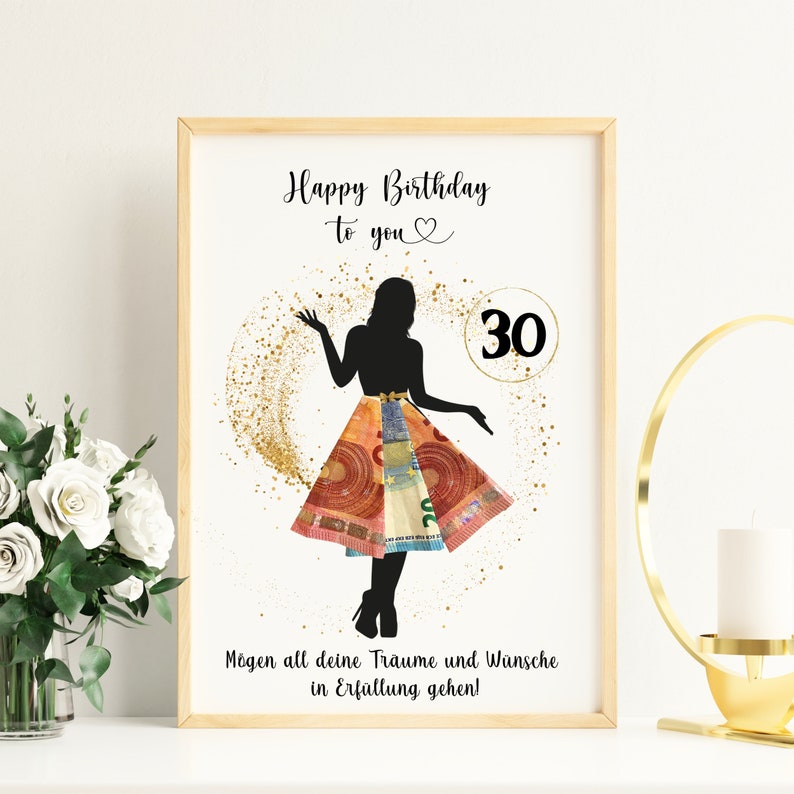 May include: A black silhouette of a woman wearing a dress made of money with a gold glitter background. The text "Happy Birthday to you" and "30" are written on the card. The text "M&ouml;gen all deine Tr&auml;ume und W&uuml;nsche in Erf&uuml;llung gehen!" is written at the bottom of the card.