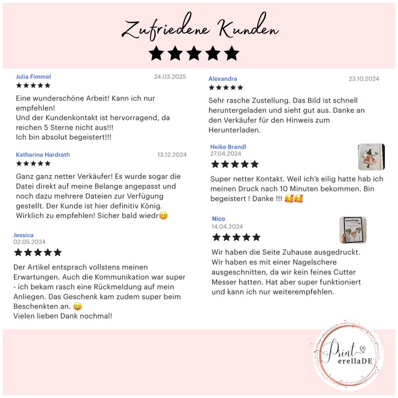 May include: Five customer reviews with five stars each. Each review includes a customer's name, date, and a short testimonial about their experience with the seller. The reviews are about a print-on-demand service.