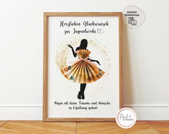 May include: A framed print with a silhouette of a person wearing a dress made of Euro banknotes. The print includes German text and gold glitter accents. The frame is made of light brown wood.