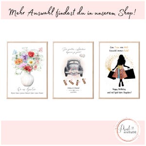 May include: Three printable designs for personalized cards or posters. The first design features a bouquet of flowers in a vase with the text "Omas Garten" and names below. The second design features a vintage car with the text "Du groblem H&ouml;ml by zo goed!" and the names "H&uuml;lya & Murad" and the date "14.10.2005". The third design features a silhouette of a woman holding shopping bags with the text "Eine Frau von Welt braucht immer Geld" and "Happy Birthday und viel Spa&szlig; beim Ausgehen!"