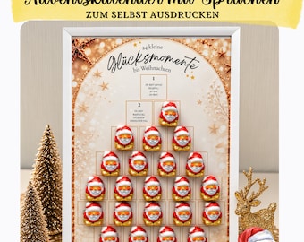 May include: A white-framed advent calendar print featuring a gold-toned background with stars and 24 numbered squares. Each square contains German text and a small chocolate Santa Claus figure. The top text reads Adventskalender mit Sprüchen.
