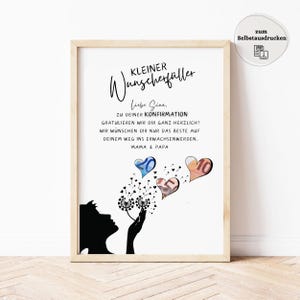 May include: A printable card with a black silhouette of a person blowing on a dandelion with money in the seeds. The card says "Kleiner Wunschersch&uuml;ller" and "Liebe Sina, Zu deiner Konfirmation Gratulieren wir dir ganz herzlich! Wir w&uuml;nschen dir nur das Beste auf deinem Weg ins Erwachsenwerden. Mama & Papa"