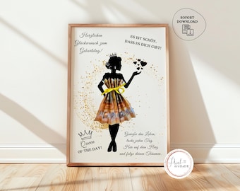 May include: A framed print featuring a silhouette of a woman wearing a dress made of money, holding hearts. The print includes German text, a crown, and the words "Queen of the Day!" and "SOFORT DOWNLOAD".