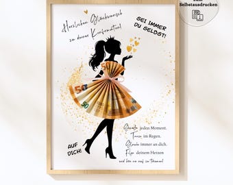 May include: A framed print featuring a silhouette of a woman in a dress made of Euro banknotes. The print includes German text and gold accents, with the words "Sei immer du selbst!" and "Auf dich!"