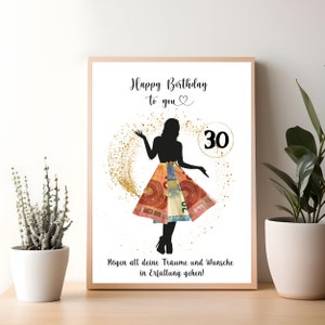 May include: A white card with a black silhouette of a woman wearing a skirt made of money. The skirt is made of euro bills. The card has the text "Happy Birthday to you" and "30" in a circle. The text "M&ouml;gen all deine Tr&auml;ume und W&uuml;nsche in Erf&uuml;llung gehen!" is at the bottom of the card.