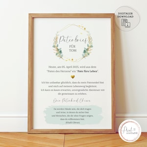 Carta de patrocinio personalizada | Certificado de bautismo | Regalo para madrina |  Regalo para padrino | Regalo de bautismo | fiesta de bienvenida