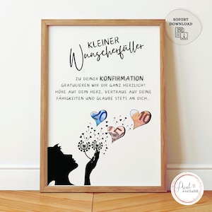 Könnte beinhalten: Eine druckbare Karte mit einer schwarzen Silhouette einer Person, die einen Löwenzahn mit Geldherzen hält. Der Text lautet "Kleiner Wunschzettel" und "Zu deiner Konfirmation Gratulieren wir dir ganz herzlich! Hore auf dein Herz, vertraue auf deine Fähigkeiten und glaube stets an dich."