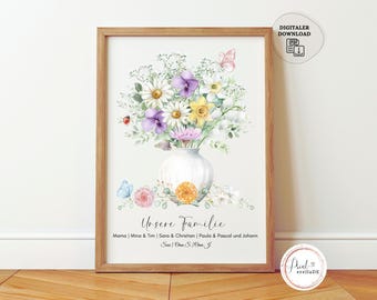 May include: A watercolour illustration of a bouquet of flowers in a white vase. The flowers are a mix of purple, pink, yellow, and white. The text "Unsere Familie" is written below the vase, followed by a list of names.