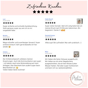 May include: Five-star reviews for a print-on-demand service. The reviews highlight the speed of service, quality of the product, and the ease of use. The reviews are from customers named Leni, Monika, Heike Brandl, Daniela Gratzer, Jessica, and Nico.