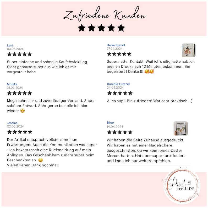 May include: Five-star reviews for a print-on-demand service. The reviews highlight the speed of service, quality of the product, and the ease of use. The reviews are from customers named Leni, Monika, Heike Brandl, Daniela Gratzer, Jessica, and Nico.