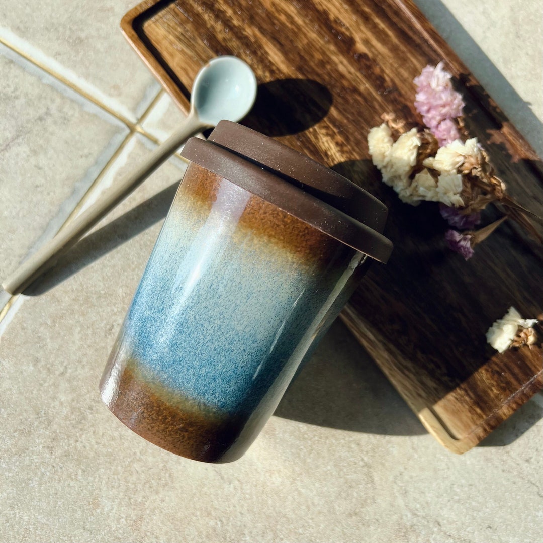 Handmade Ceramic Travel Mug Set With Lid and Spoon,two Size,gift for