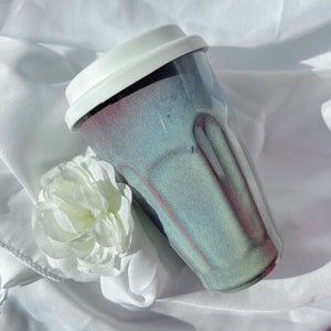 Handmade Ceramic Travel Mug with Lid, Gift for Travelers,Blue and purple Kiln glaze,Unique Artisan Drink ware for Cozy Moment, Pottery