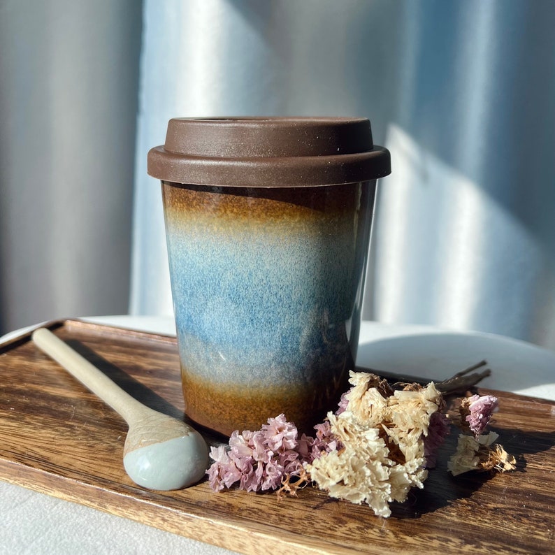 Handmade Ceramic Travel Mug Set With Lid and Spoon,two Size,gift for Travelers, Blue Kiln Glaze