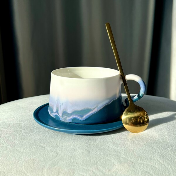 Handmade Ceramic Espresso Coffee Mug Set with Saucer and Spoon, Handmade couple coffee mug, Unique Artisan Drink ware, White Blue glaze