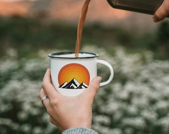 Retro Sunset cup Retro sunset Mountain cup Enamel Cup Camping Cup Tea Cup Coffee Cup Gift for Her Gift or Him Festival Cup Cabin Cup Tin Cup