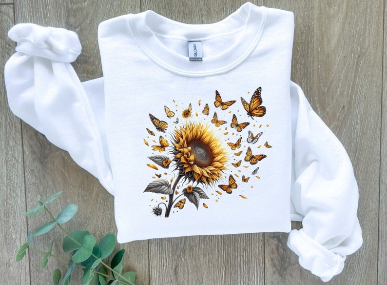 Butterflies Sunflower SweatShirt, Cute Floral SweatShirt, Bug Sweatshirt , Boho Shirt, Botanical Shirt, Cottagecore Shirt, Insect gift zdjęcie 2