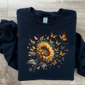 Butterflies Sunflower SweatShirt, Cute Floral SweatShirt, Bug Sweatshirt , Boho Shirt, Botanical Shirt, Cottagecore Shirt, Insect gift image 5