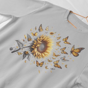 Butterflies Sunflower SweatShirt, Cute Floral SweatShirt, Bug Sweatshirt , Boho Shirt, Botanical Shirt, Cottagecore Shirt, Insect gift zdjęcie 8