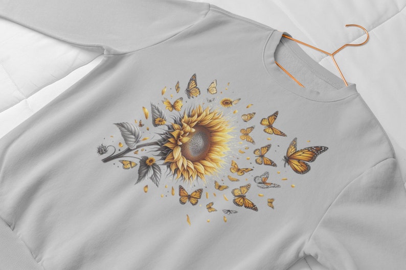 Butterflies Sunflower SweatShirt, Cute Floral SweatShirt, Bug Sweatshirt , Boho Shirt, Botanical Shirt, Cottagecore Shirt, Insect gift zdjęcie 8