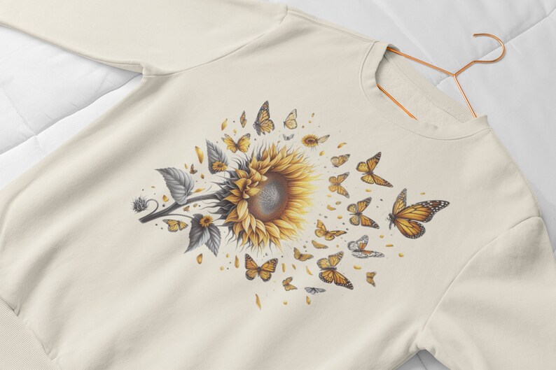 Butterflies Sunflower SweatShirt, Cute Floral SweatShirt, Bug Sweatshirt , Boho Shirt, Botanical Shirt, Cottagecore Shirt, Insect gift zdjęcie 10