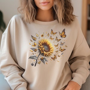 Butterflies Sunflower SweatShirt, Cute Floral SweatShirt, Bug Sweatshirt , Boho Shirt, Botanical Shirt, Cottagecore Shirt, Insect gift image 3
