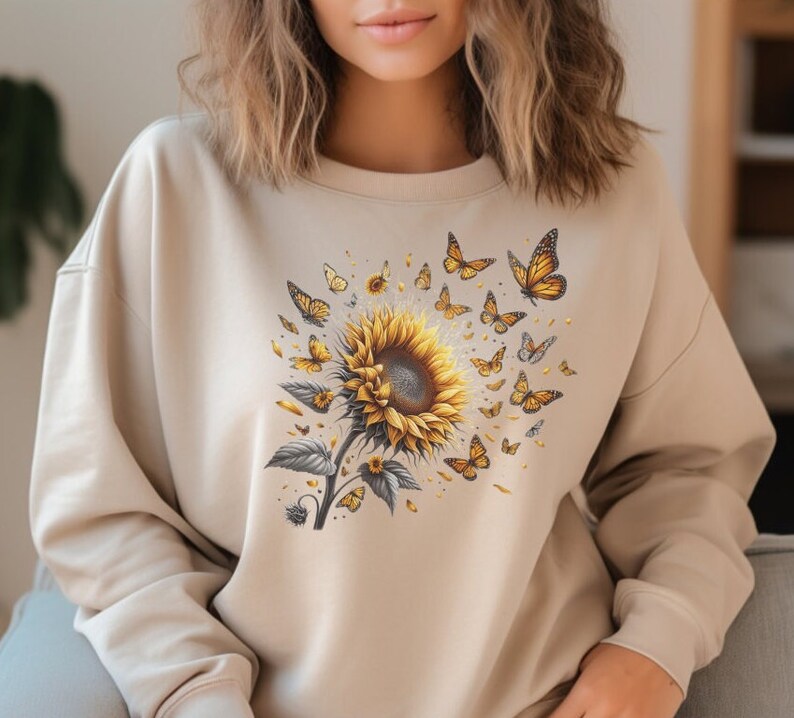 Butterflies Sunflower SweatShirt, Cute Floral SweatShirt, Bug Sweatshirt , Boho Shirt, Botanical Shirt, Cottagecore Shirt, Insect gift zdjęcie 3