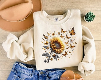 Butterflies Sunflower SweatShirt, Cute Floral SweatShirt, Bug Sweatshirt , Boho Shirt, Botanical Shirt, Cottagecore Shirt, Insect gift