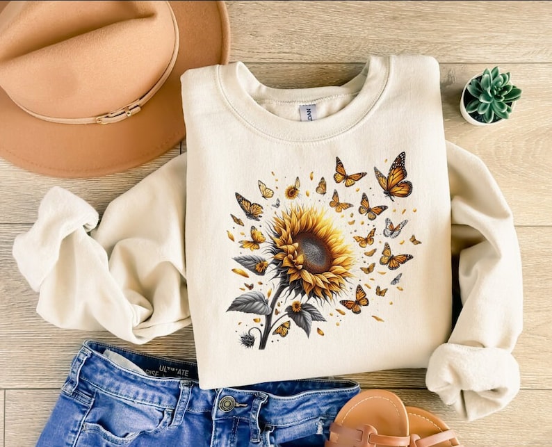 Butterflies Sunflower SweatShirt, Cute Floral SweatShirt, Bug Sweatshirt , Boho Shirt, Botanical Shirt, Cottagecore Shirt, Insect gift image 1