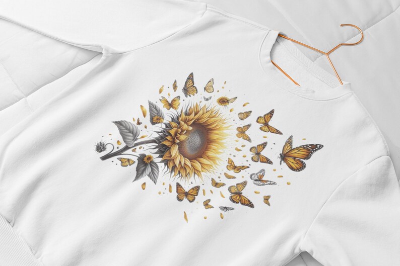 Butterflies Sunflower SweatShirt, Cute Floral SweatShirt, Bug Sweatshirt , Boho Shirt, Botanical Shirt, Cottagecore Shirt, Insect gift zdjęcie 9