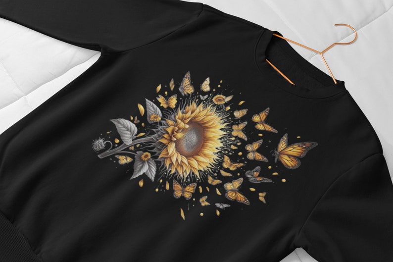 Butterflies Sunflower SweatShirt, Cute Floral SweatShirt, Bug Sweatshirt , Boho Shirt, Botanical Shirt, Cottagecore Shirt, Insect gift zdjęcie 7