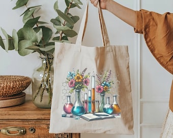 Womens Science Tote Bag, Floral Beakers Tote Bag, Laboratorium Wetenschap Leraar Waardering, Scheikunde Gift Leraar, Terug naar School MLT cadeau