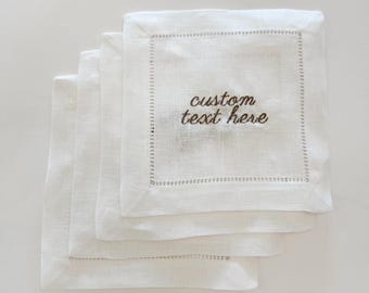 Custom Embroidered Linen Napkins: Personalized Cocktail Napkins, Set of 4
