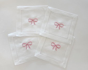 Embroidered Cocktail Napkins - Galentine's Bows; Set of 4
