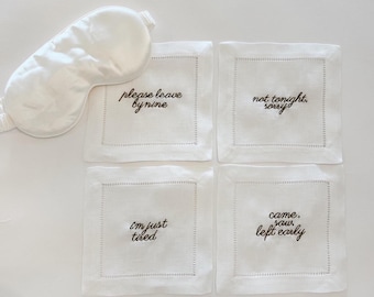 Embroidered Cocktail Napkins - Tired girl; Set of 4