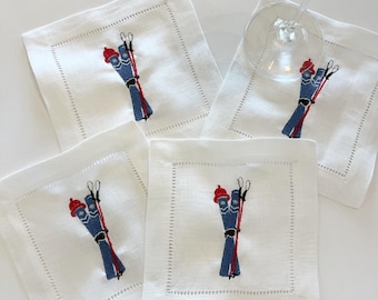 Embroidered Cocktail Napkins - Après Ski; Set of 4