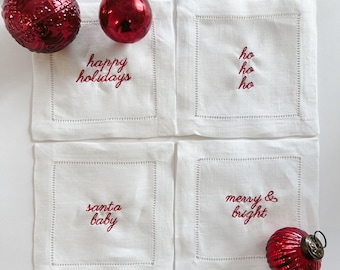 Embroidered Cocktail Napkins - Holiday charm; Set of 4