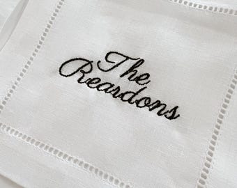 Personalized Embroidered Linen Cocktail Napkins | Custom Last Name Set of 4
