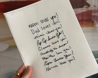 Custom Handwriting Embroidery Art - Personalized "I Love You" Keepsake 8"x10" white canvas